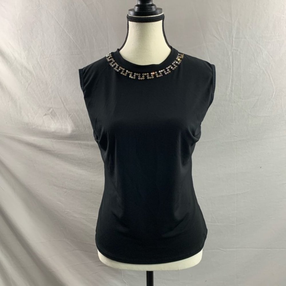 Black Sleeveless Rhinestone Blouse - Picture 1 of 8